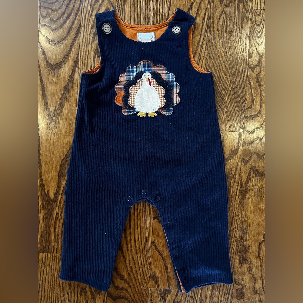 mudpie Navy Blue Corduroy Overalls with Turkey Appliqué & Wood button details